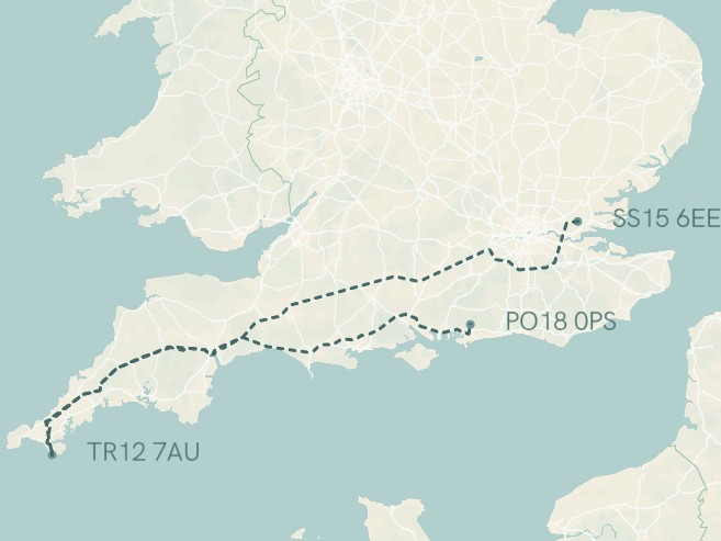 Map of the UK race tour route